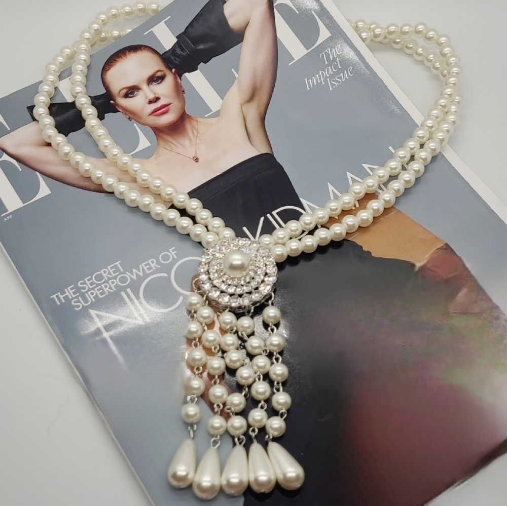 NWT Pearl Crystal Tassel Art Deco Silver Necklace & Earrings Set